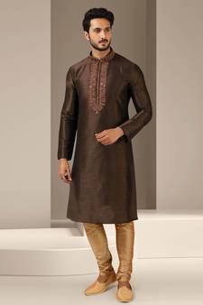 Brown embroidered art dupion silk kurta-pajama