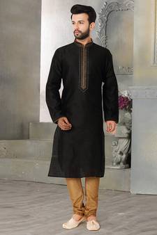 Black embroidered art dupion silk kurta-pajama
