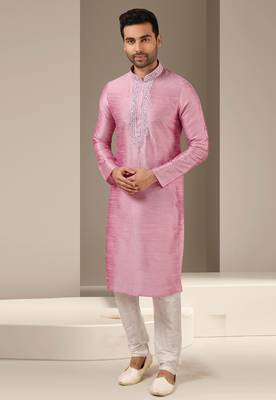 Pink embroidered art dupion silk kurta-pajama 1