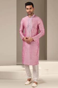 Pink embroidered art dupion silk kurta-pajama