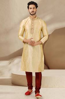 Fawn embroidered art dupion silk kurta-pajama