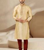 Fawn embroidered art dupion silk kurta-pajama