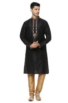 Black embroidered art dupion silk kurta-pajama