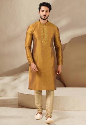 Gold embroidered art dupion silk kurta-pajama 1