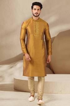 Gold embroidered art dupion silk kurta-pajama