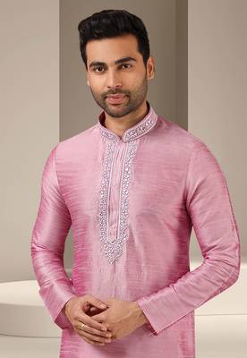 Pink embroidered art dupion silk kurta-pajama 2