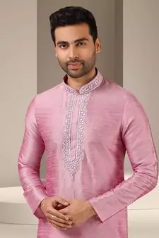 Pink embroidered art dupion silk kurta-pajama