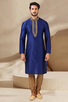 Blue embroidered art dupion silk kurta-pajama