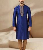 Blue embroidered art dupion silk kurta-pajama