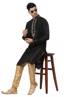 Black embroidered art dupion silk kurta-pajama