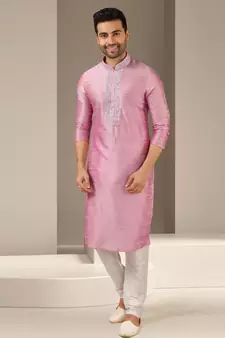 Pink embroidered art dupion silk kurta-pajama