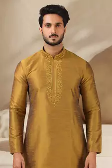 Gold embroidered art dupion silk kurta-pajama