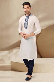 White embroidered art dupion silk kurta-pajama