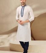White embroidered art dupion silk kurta-pajama