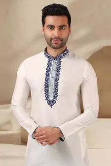 White embroidered art dupion silk kurta-pajama