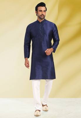 Blue embroidered art dupion silk kurta-pajama 1