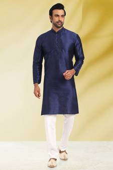 Blue embroidered art dupion silk kurta-pajama