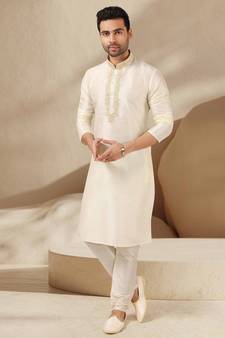 Fawn embroidered art dupion silk kurta-pajama