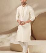Fawn embroidered art dupion silk kurta-pajama