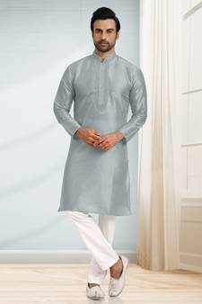 Grey embroidered art dupion silk kurta-pajama