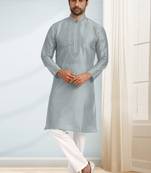 Grey embroidered art dupion silk kurta-pajama
