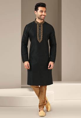 Black embroidered art dupion silk kurta-pajama 1