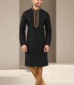Black embroidered art dupion silk kurta-pajama