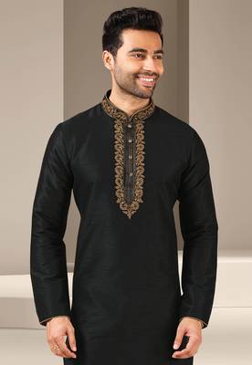 Black embroidered art dupion silk kurta-pajama 2