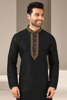 Black embroidered art dupion silk kurta-pajama