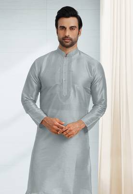 Grey embroidered art dupion silk kurta-pajama 2
