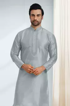 Grey embroidered art dupion silk kurta-pajama