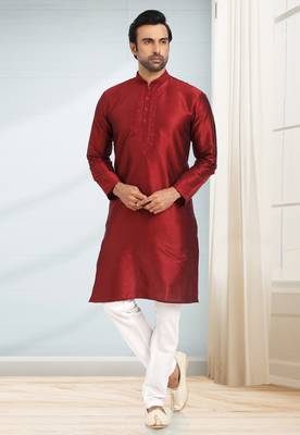 Maroon embroidered art dupion silk kurta-pajama 1
