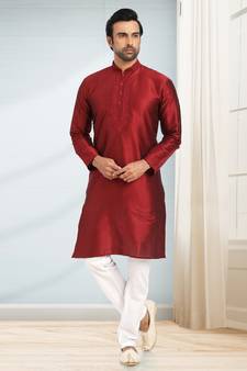 Maroon embroidered art dupion silk kurta-pajama