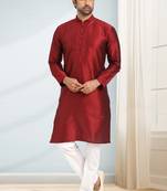 Maroon embroidered art dupion silk kurta-pajama