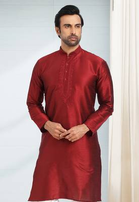 Maroon embroidered art dupion silk kurta-pajama 2