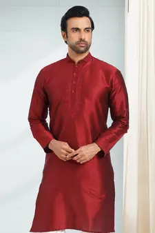 Maroon embroidered art dupion silk kurta-pajama
