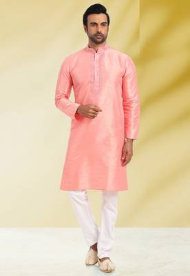 Pink embroidered art dupion silk kurta-pajama 1