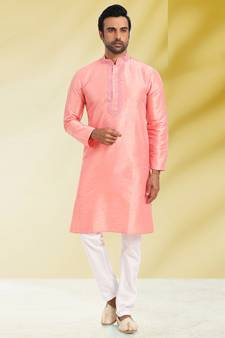 Pink embroidered art dupion silk kurta-pajama