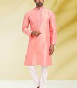 Pink embroidered art dupion silk kurta-pajama