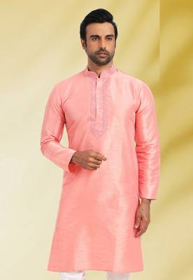 Pink embroidered art dupion silk kurta-pajama 2