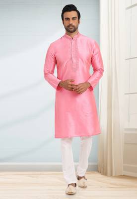 Pink embroidered art dupion silk kurta-pajama 1