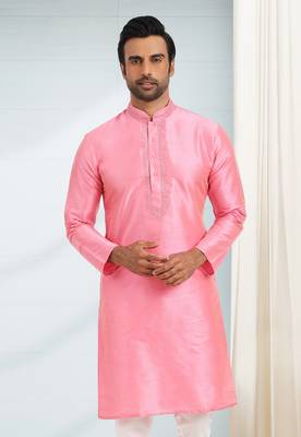 Pink embroidered art dupion silk kurta-pajama 2