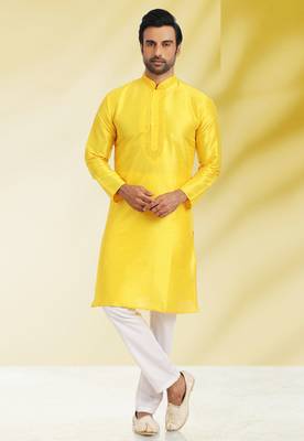 Yellow embroidered art dupion silk kurta-pajama 1