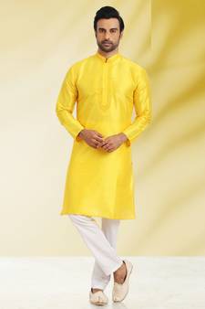 Yellow embroidered art dupion silk kurta-pajama