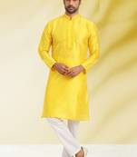 Yellow embroidered art dupion silk kurta-pajama