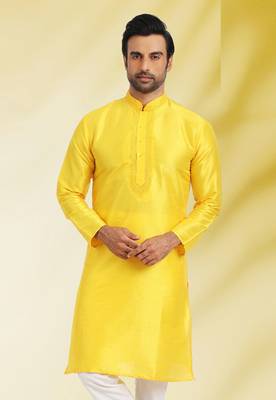 Yellow embroidered art dupion silk kurta-pajama 2