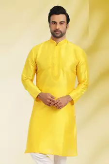 Yellow embroidered art dupion silk kurta-pajama