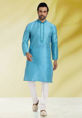 Blue embroidered art dupion silk kurta-pajama 1