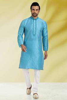 Blue embroidered art dupion silk kurta-pajama