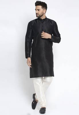 Black plain art dupion silk kurta-pajama 1